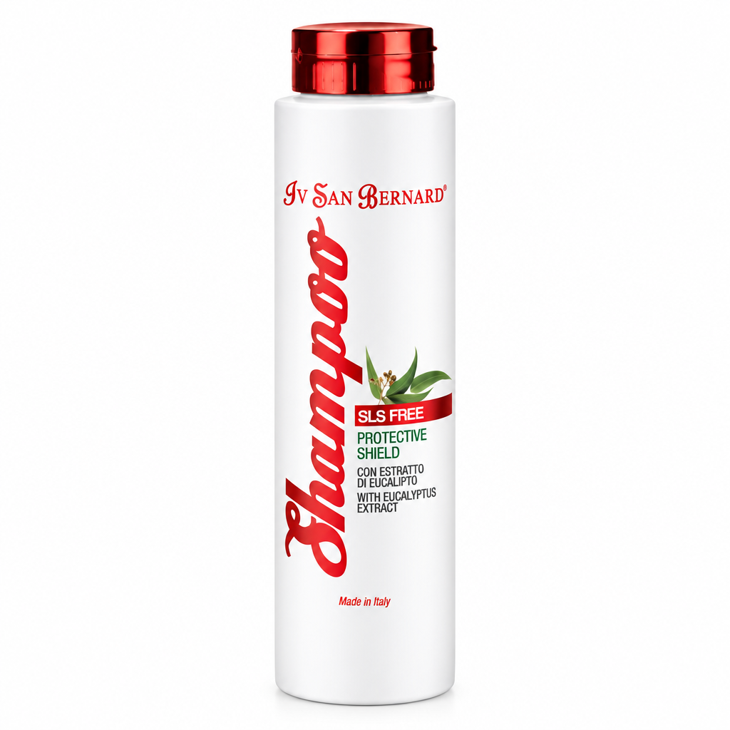 White shampoo bottle with red cap and text on a white background