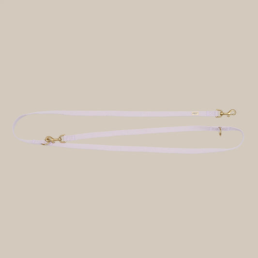 Thin lavender leash with gold hardware on a beige background