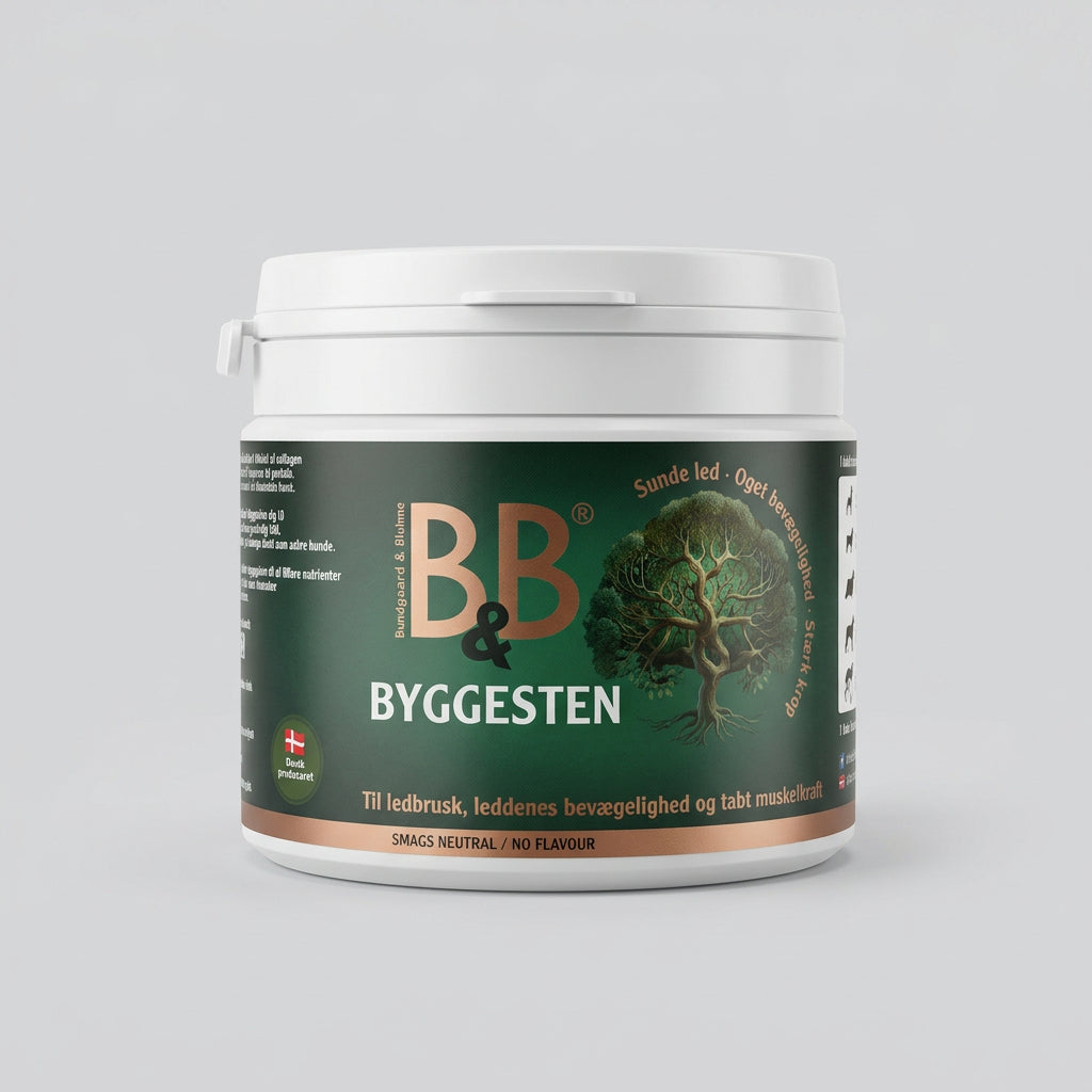 Container of BB & Byggesten supplement with green label on a white background