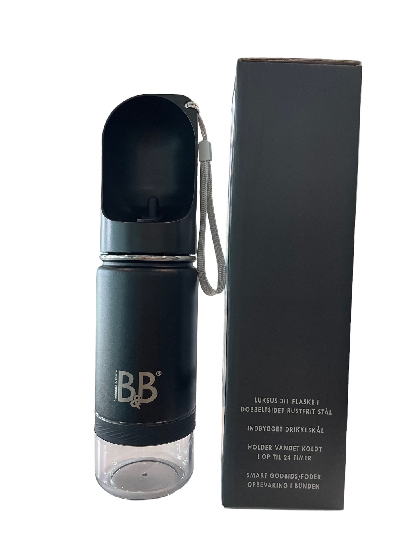 B&B Luxury 3-in-1 Bottle – Double-Sided Stainless Steel with Treat Storage