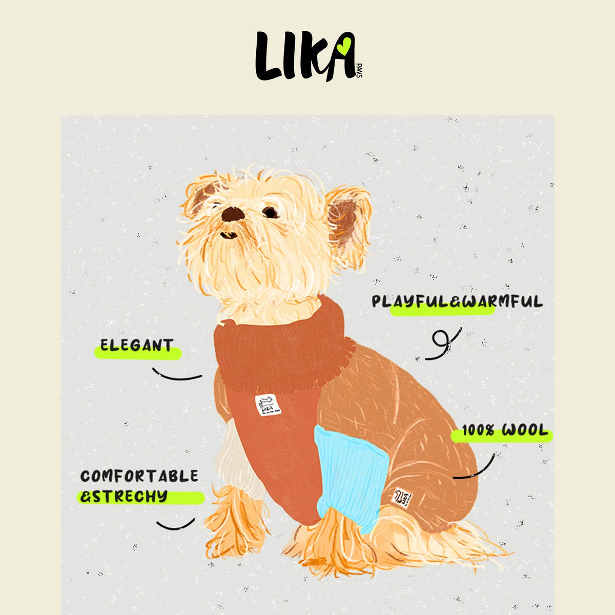 Illustration of a dog wearing a sweater with text describing features, on a light background.