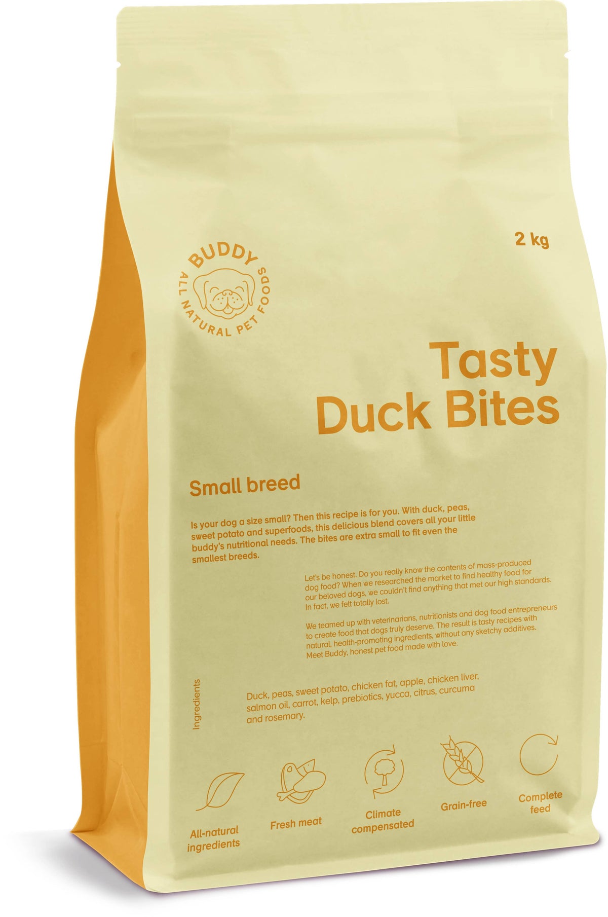 Bag of 'Buddy' Tasty Duck Bites dog food for small breeds on a white background