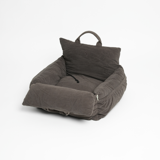 Gray bean bag chair with a pillow on a white background