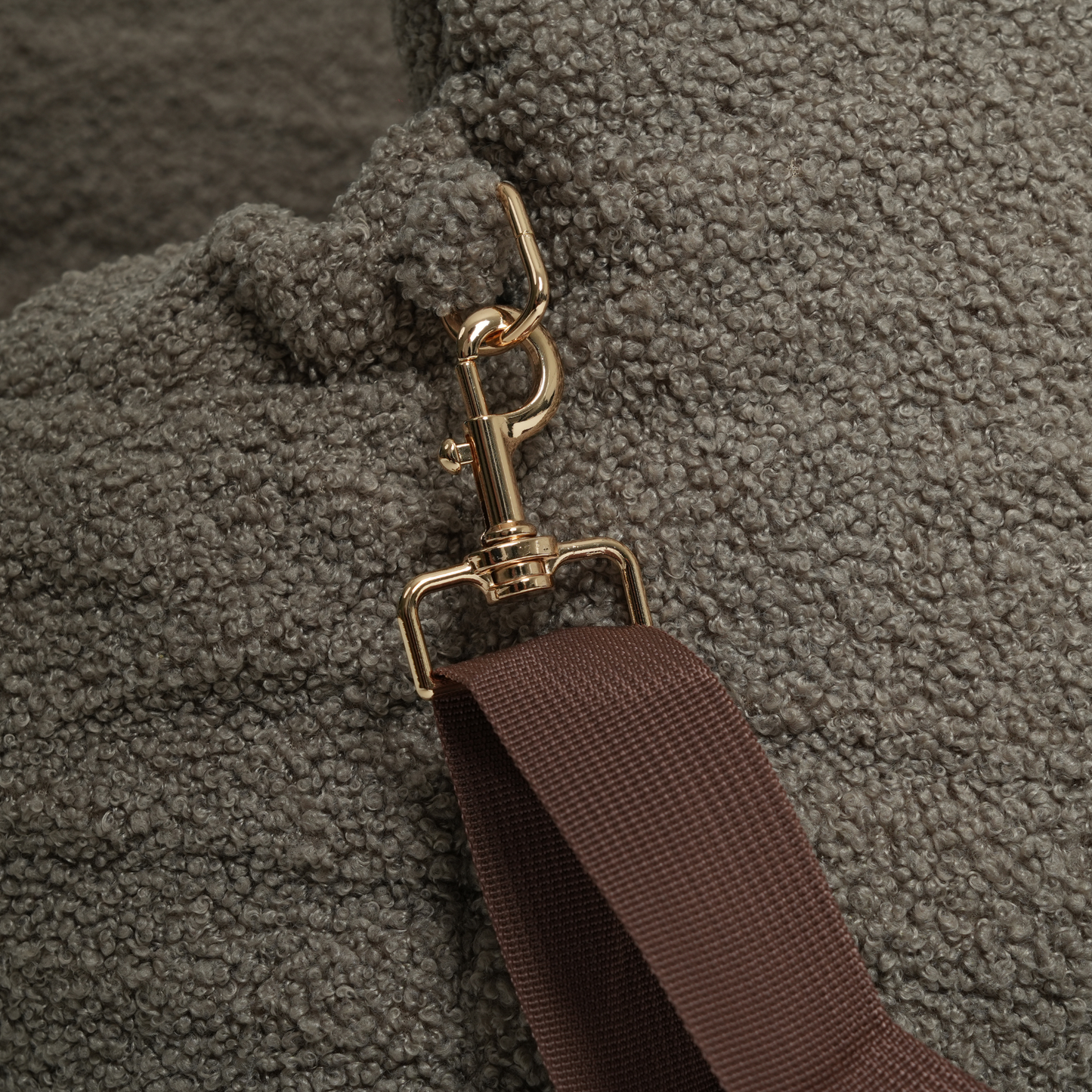 Close-up of a brown strap with a gold buckle on a textured gray background