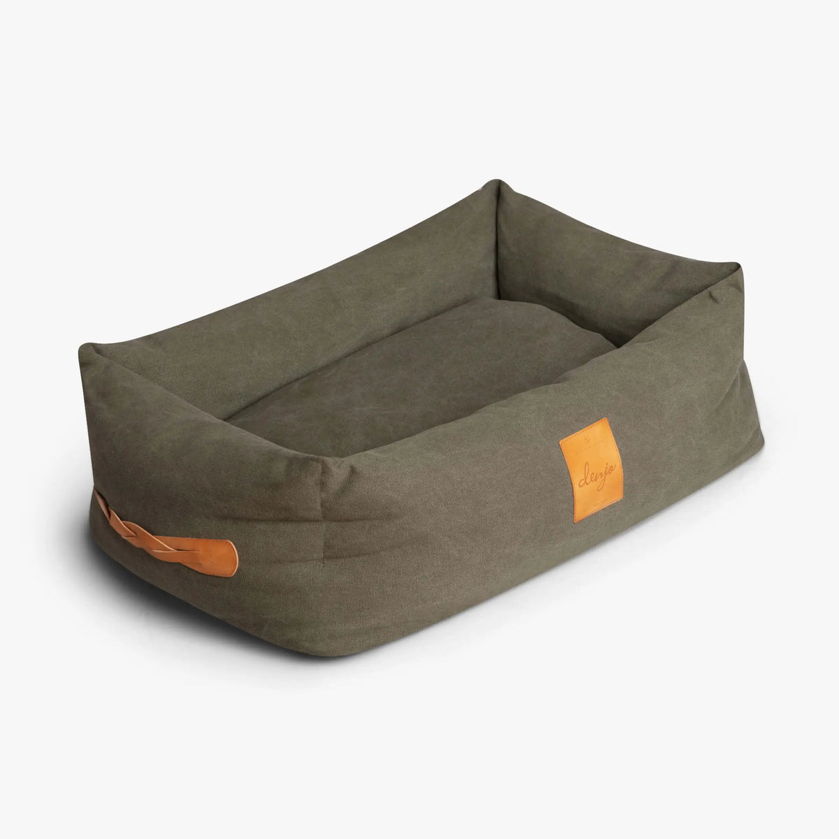 Green pet bed with orange accents on a white background