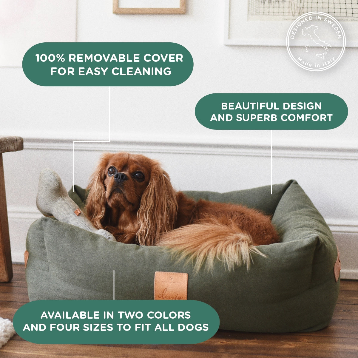 Dog lying in a green pet bed with text highlighting features like removable cover, comfort, and availability in multiple colors and sizes.