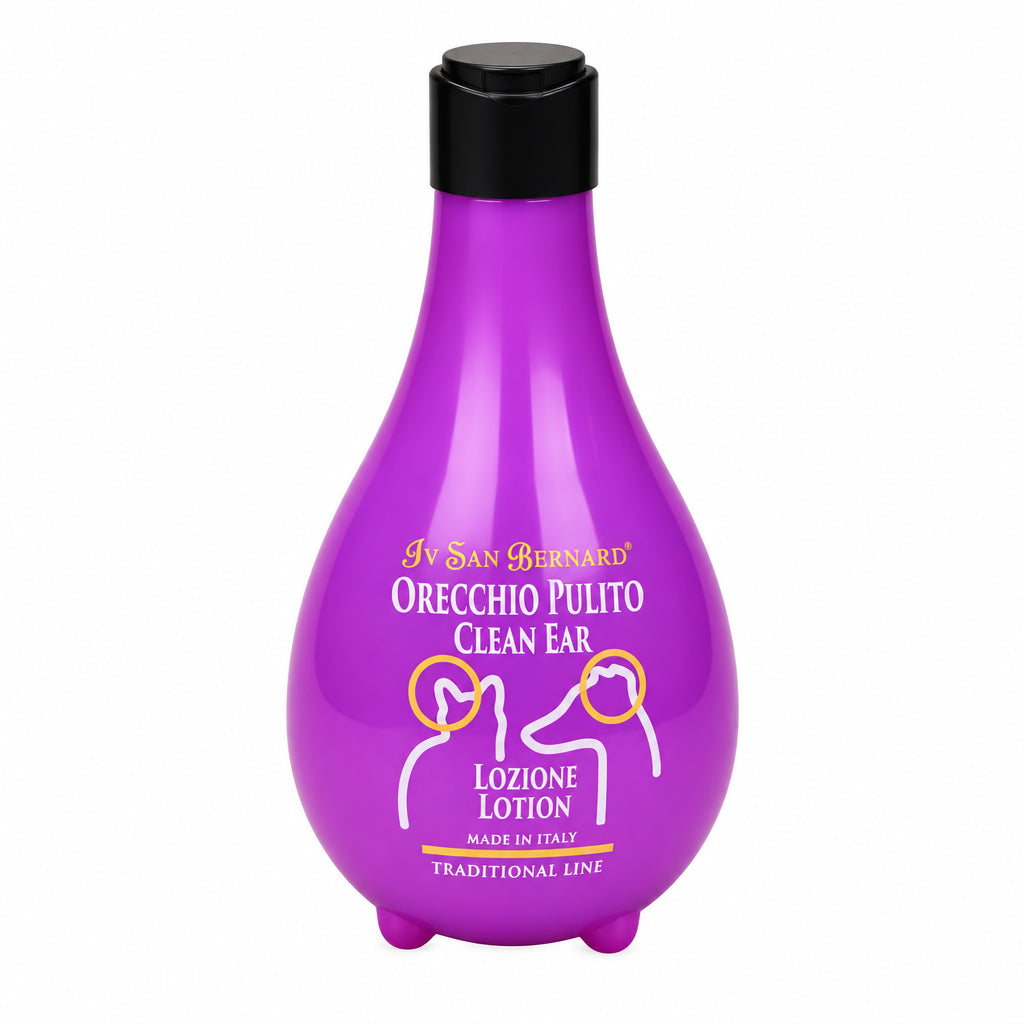 Purple bottle of 'Orecchio Polito' ear cleaning lotion for dogs and cats with black cap on a white background