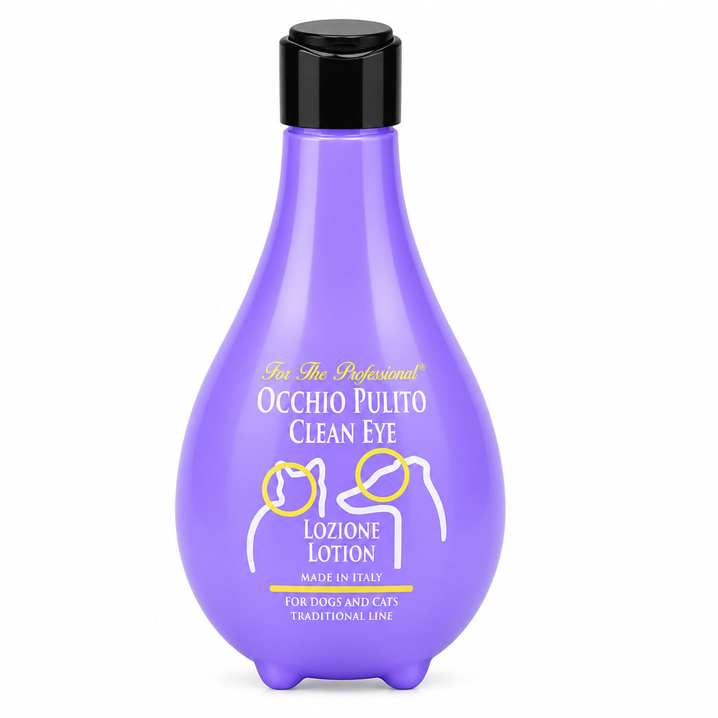 Purple bottle of Orecchio Pulito Clean Eye lotion on a white background