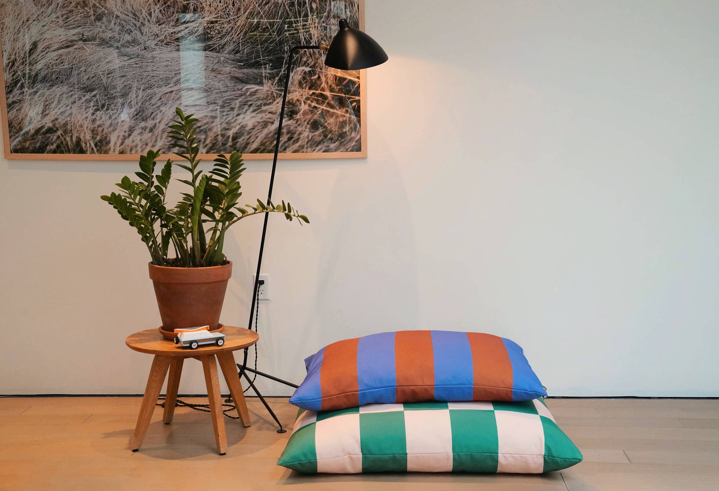 Colorful striped pillows on a wooden floor with a plant and lamp in the background.