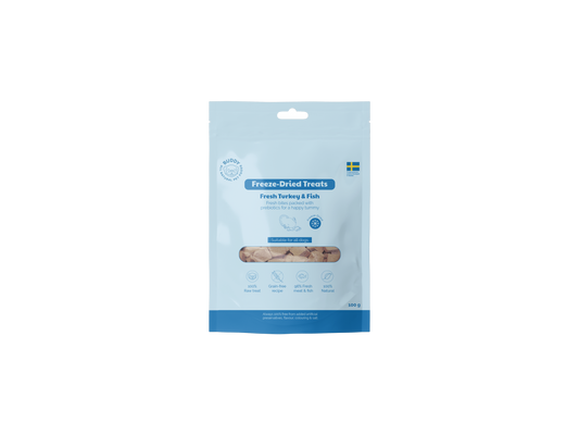 Package of freeze-dried treats for pets on a white background