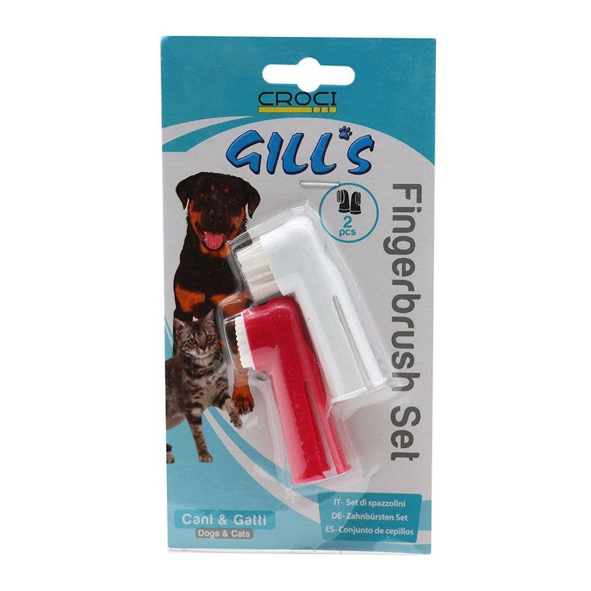 Gills Fingerbrush Set packaging with a dog and cat illustration on a white background
