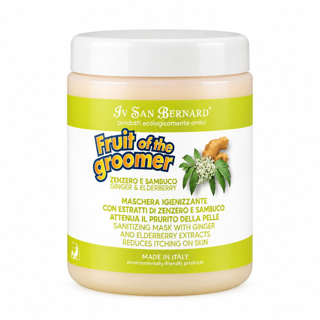A jar of Iv San Bernard Fruit of the Groomer sanitizing mask with ginger and elderberry, featuring a white lid and a yellow-green label on a white background.