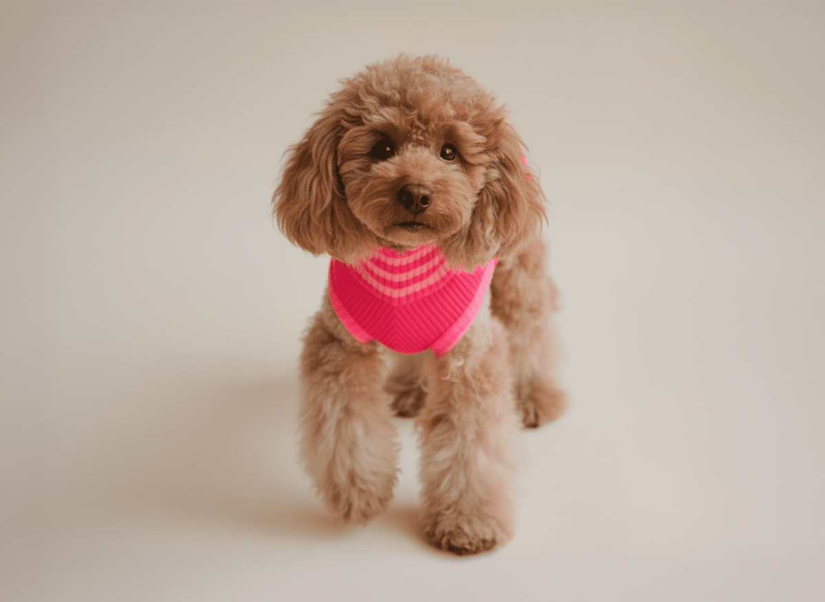 Small brown dog wearing a pink sweater on a plain background