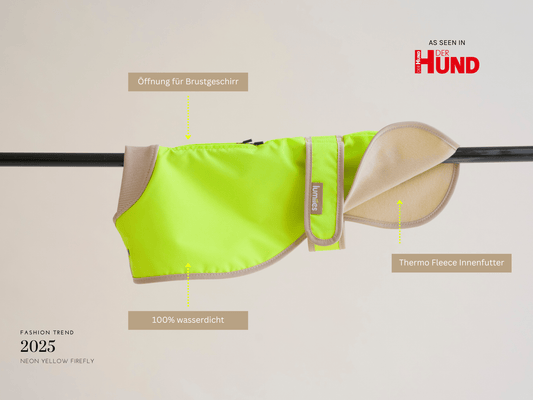 Neon yellow dog coat with text labels on a beige background