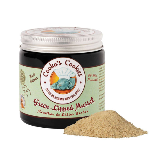 Jar of Cooala's Cookies Green-Lipped Mussel powder with a white background