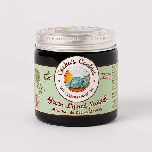 Jar of Cooda's Cookies Green-Lipped Mussel supplement on a white background