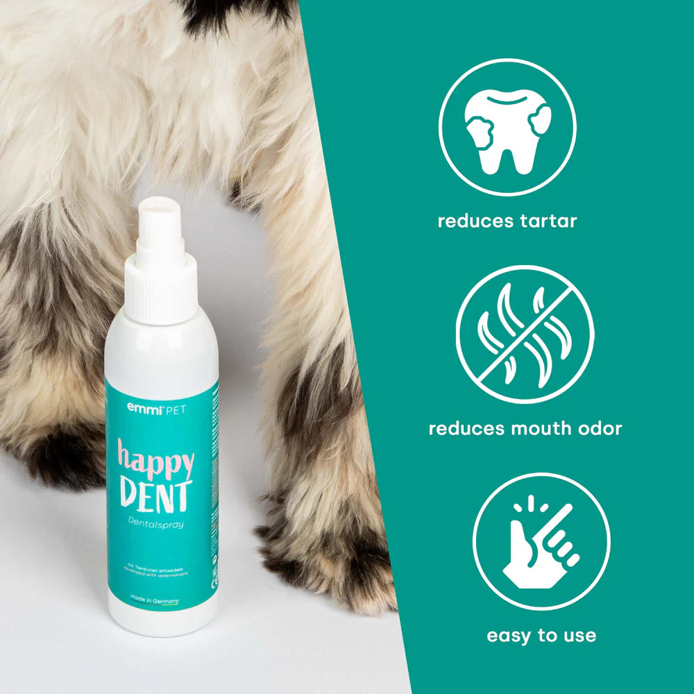 Happy Dent pet dental spray bottle with a dog in the background and product benefits on a teal background.