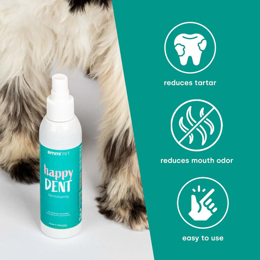Happy Dent pet dental spray bottle with a dog in the background and product benefits on a teal background.