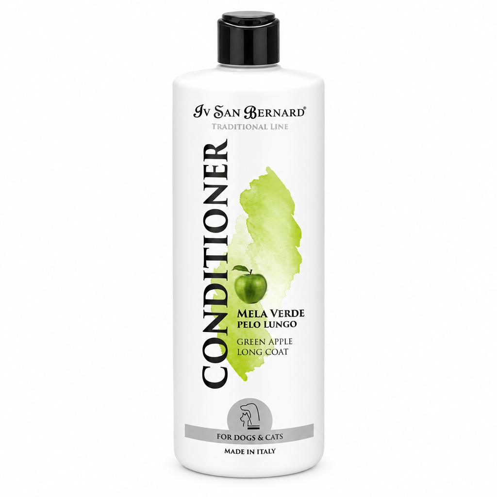 A bottle of Iv San Bernardi Conditioner for dogs and cats, featuring a white bottle with a black cap and a green apple graphic on a solid green background.