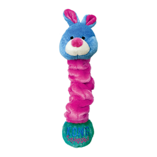Blue and pink plush toy with a textured body on a white background