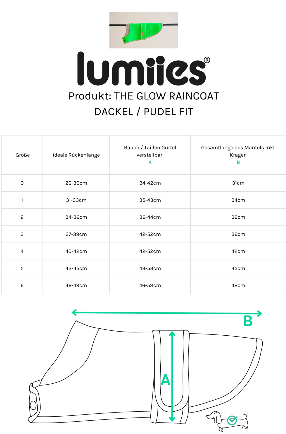 Size chart for Lumiies Glow Raincoat with measurements in centimeters