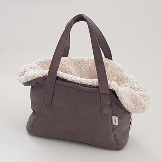 Gray tote bag with white sherpa lining on a light gray background