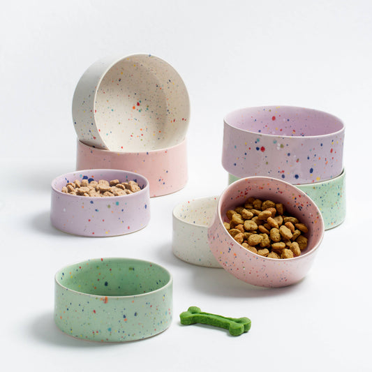 Set of colorful pet bowls with speckled pattern on a white background