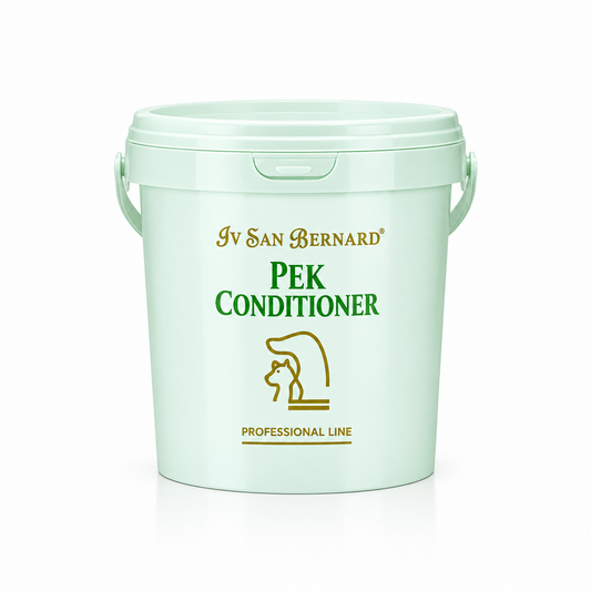 A light mint green plastic bucket of Iv San Bernard Pek Conditioner with gold and green lettering, set against a clean white background.