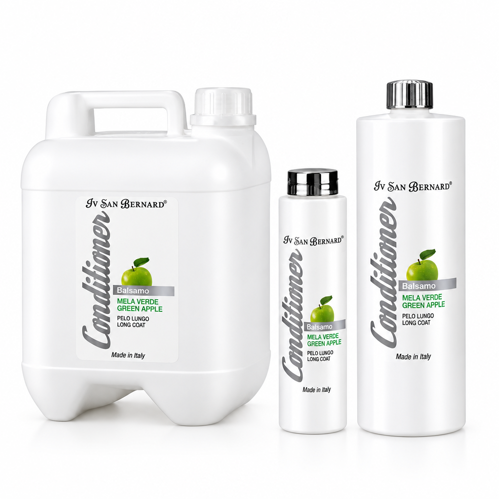 Three white plastic bottles of In San Bernard Conditioner in Mela Verde Green Apple scent, including a large jerrycan and two smaller bottles, arranged on a clean white background.