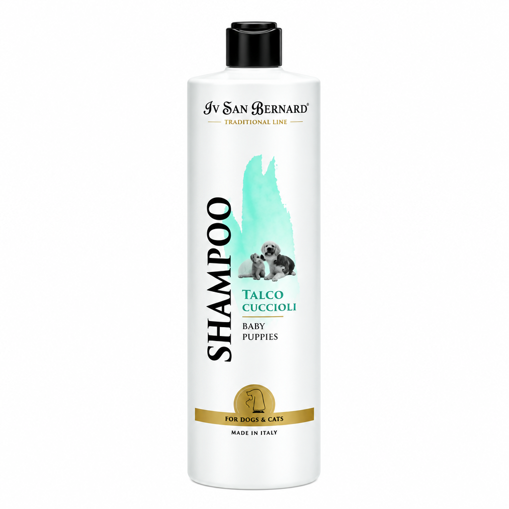 A white bottle of Iv San Bernard Talco Cuccioli Baby Puppies Shampoo with a black cap, featuring a teal splash graphic and puppy illustration on the label, set against a plain white background.