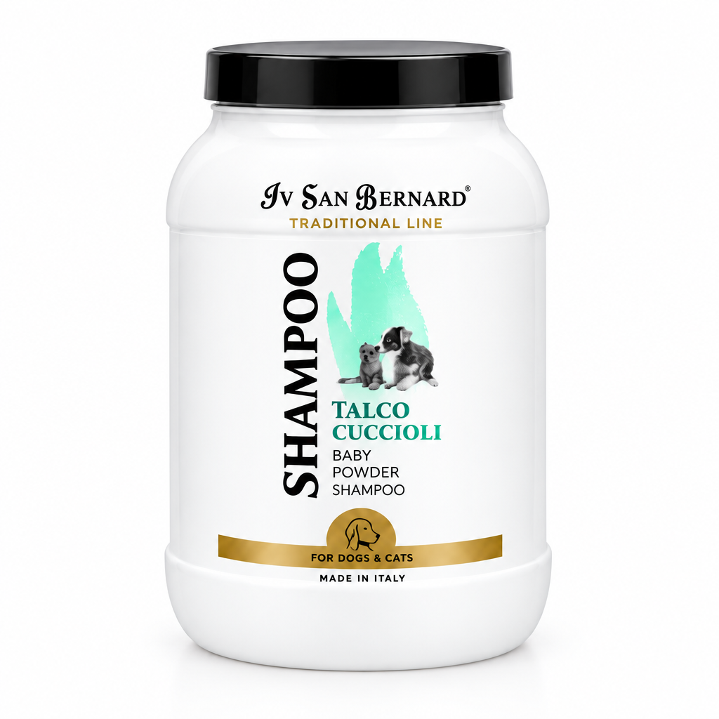 A white plastic tub of Iv San Bernard Talco Puppy Shampoo with a black lid, featuring a label with a black and white dog, teal graphic, and gold accents.