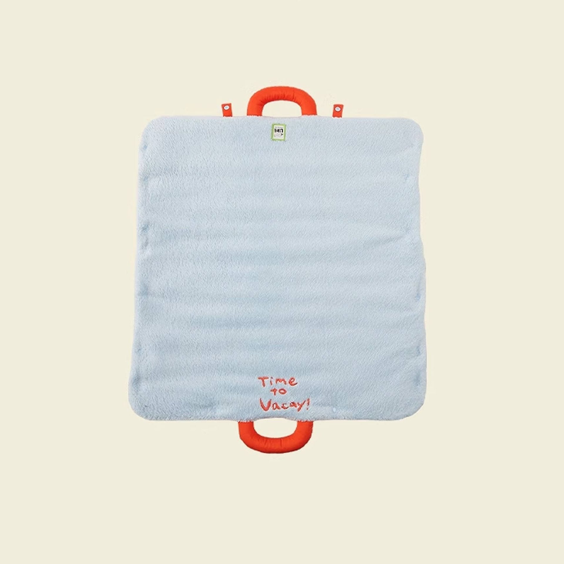 Light blue pouch with red handle and 'Time to Vacay!' text on a beige background, featuring the Lika brand.