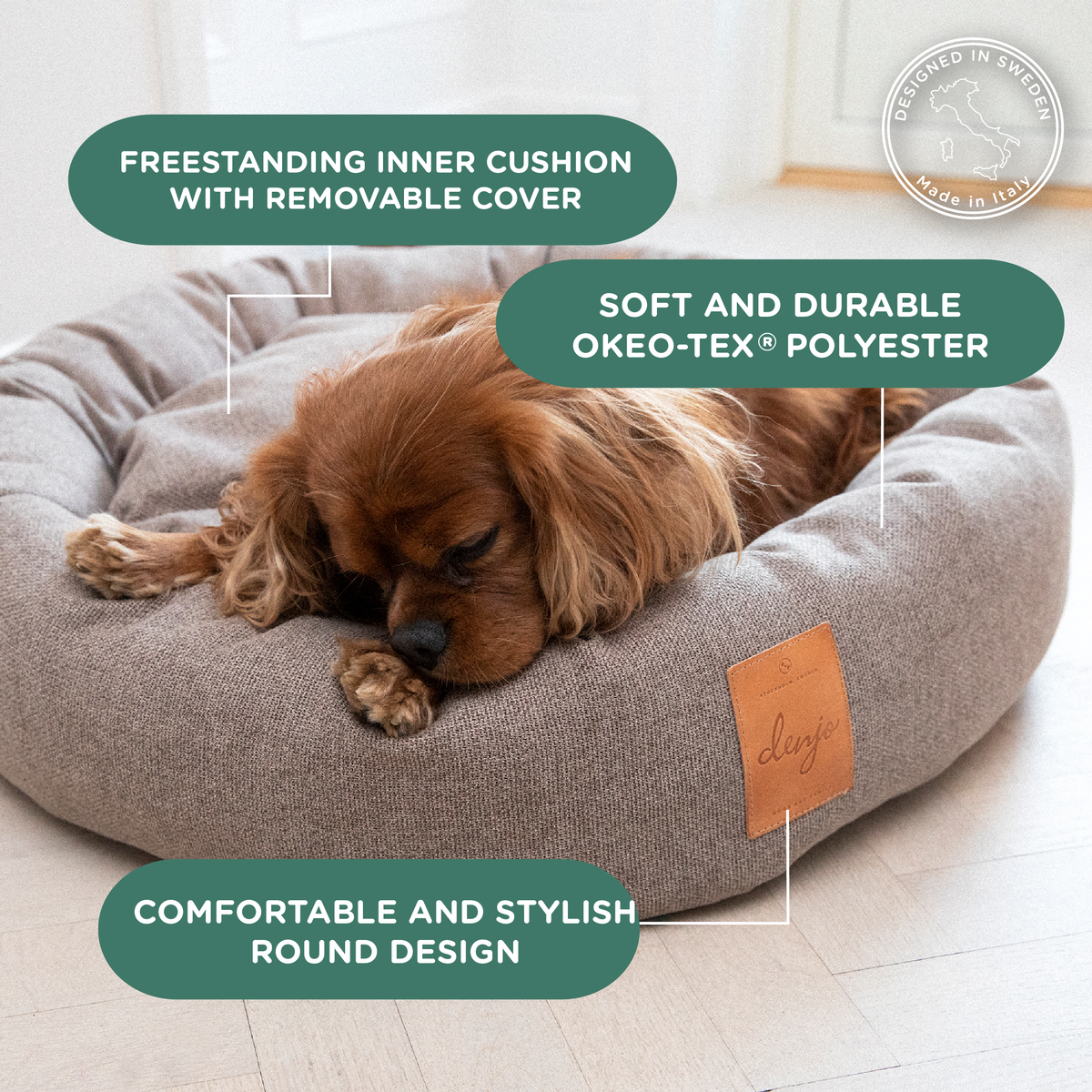 Round Donut Dog Bed | True Taupe | Leather Details & Washable Cover