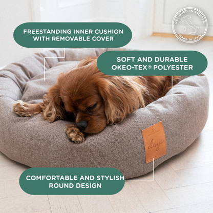 Round Donut Dog Bed | True Taupe | Leather Details & Washable Cover