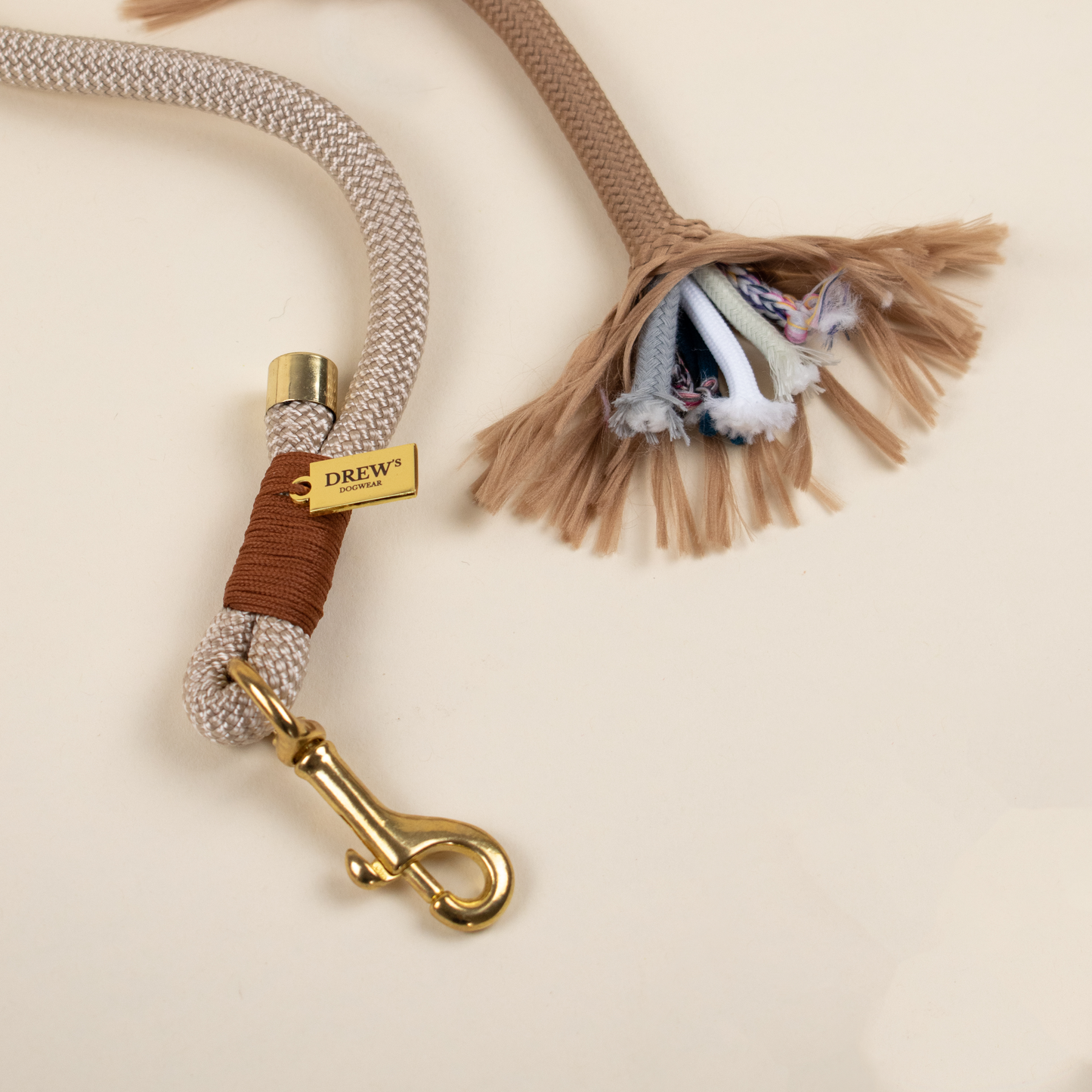 Dog leash cut through and gold clasp on a beige background
