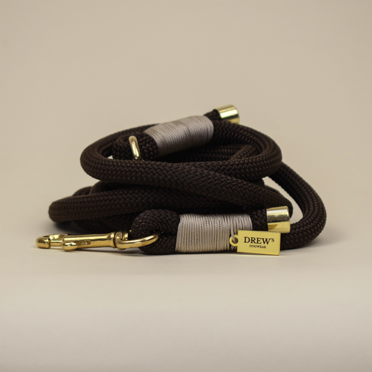 Dog leash with gold ends and 'Drew's' label on a beige background