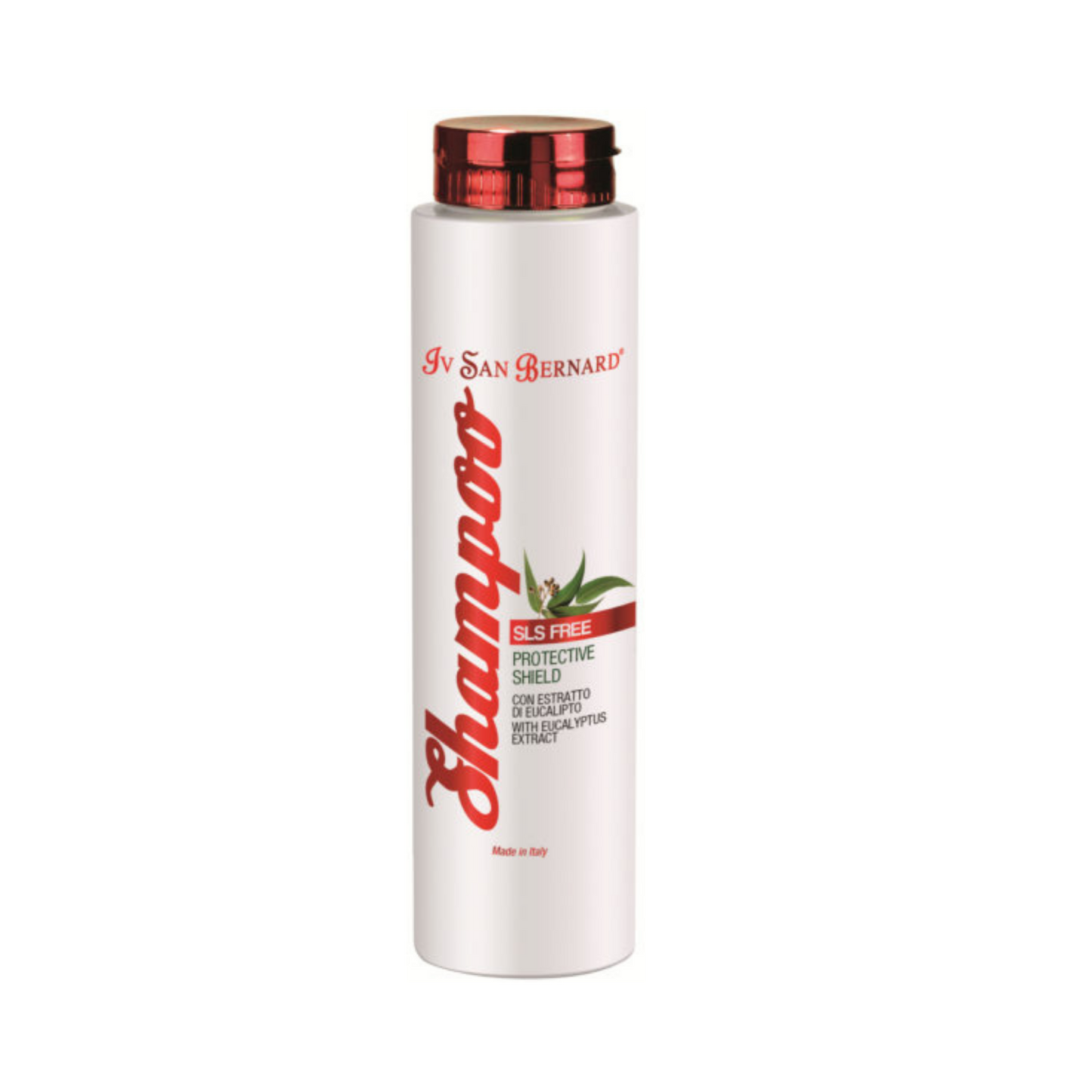 White shampoo bottle with red cap and text on a white background