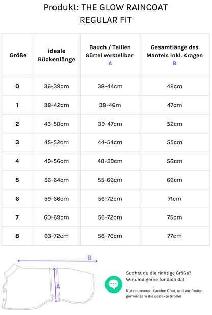 Size chart for THE GLOW RAINCOAT with measurements in centimeters