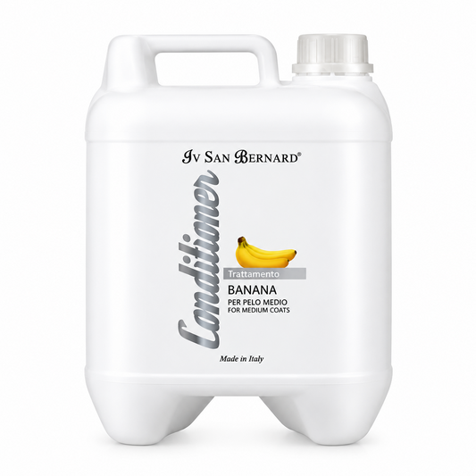 A large white plastic canister of Iv San Bernard Banana Conditioner for medium coats, featuring a handle, screw cap, and a banana graphic on the label.