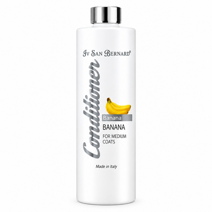 A white bottle of Iv San Bernard Conditioner Banana for medium coats, featuring a silver cap and a label with a yellow banana graphic, set against a plain white background.