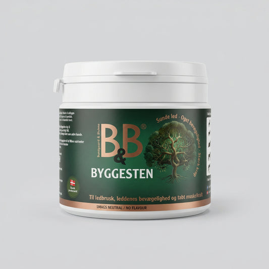 Container of BB & Byggesten supplement with green label on a white background