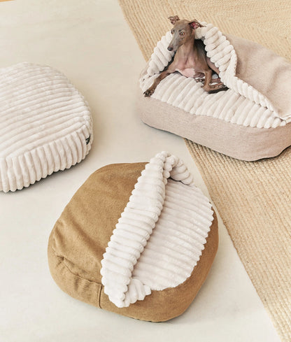 Beige Corduroy Dog Bed with Hood – Maso (Removable & Washable)