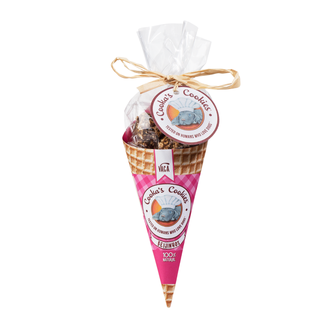 Vaca's Cookies packaging with a pink cone on a white background