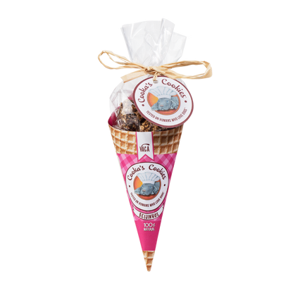 Vaca's Cookies packaging with a pink cone on a white background