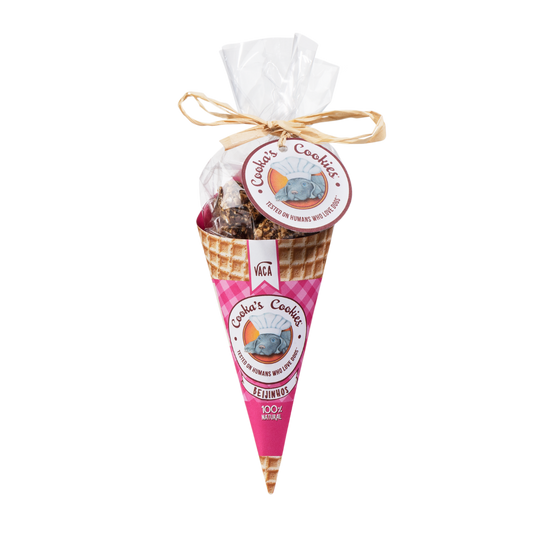 Vaca's Cookies packaging with a pink cone on a white background