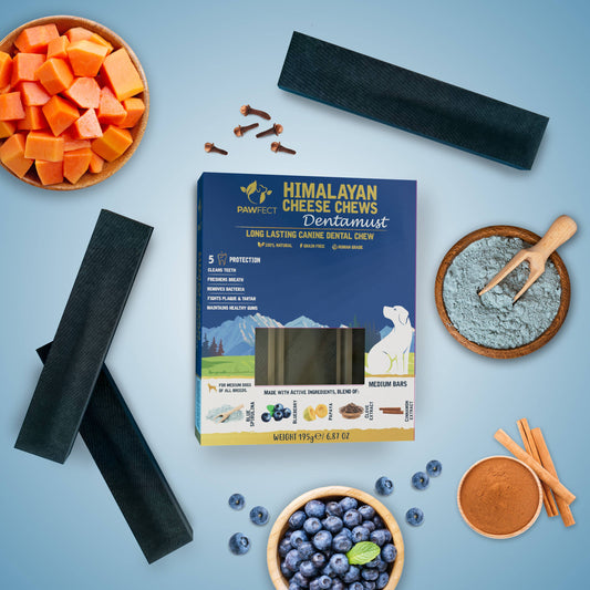 Himalayan Cheese Chews packaging with dental chews, blueberries, and other ingredients on a blue background