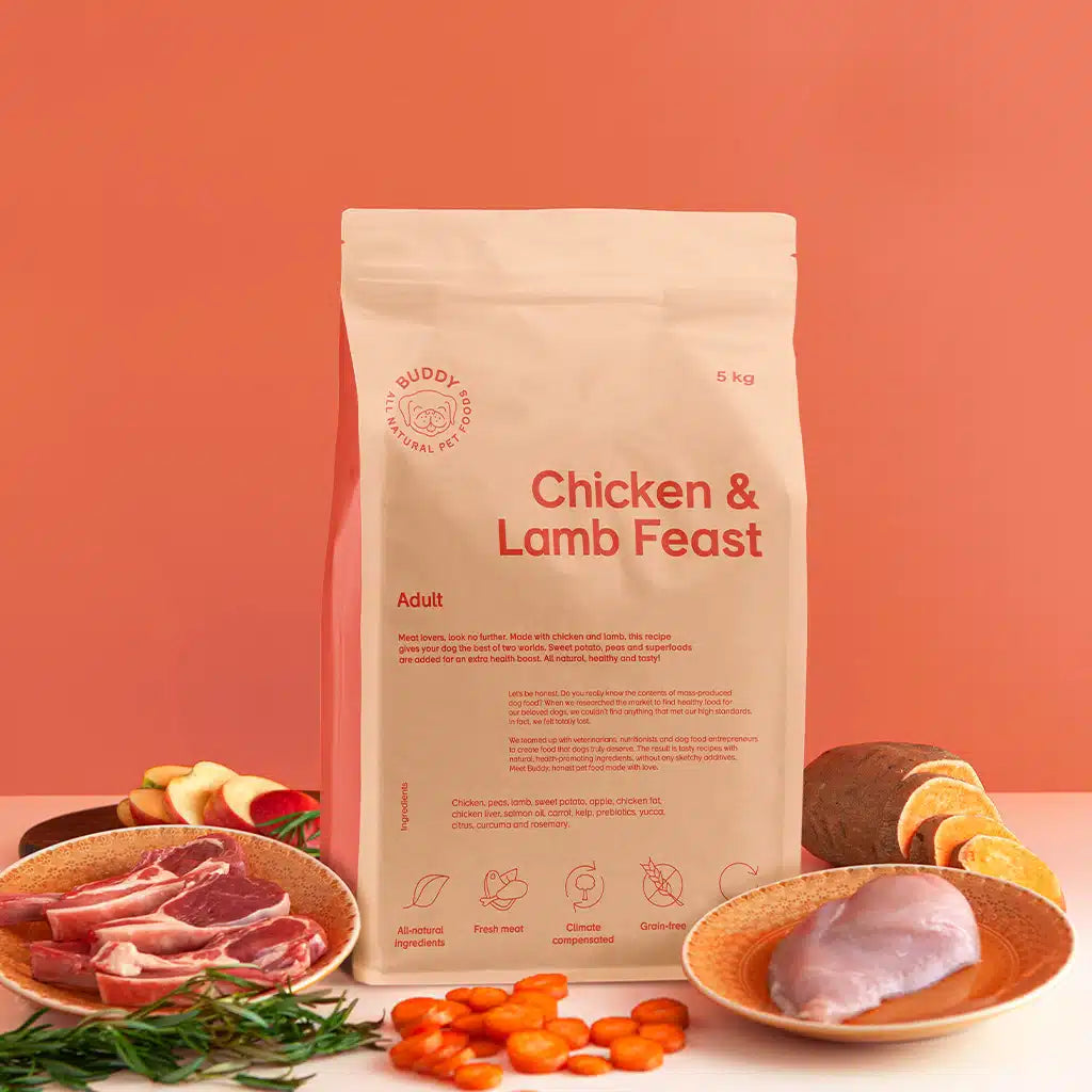 Bag of 'Chicken & Lamb Feast' pet food with ingredients on a peach background