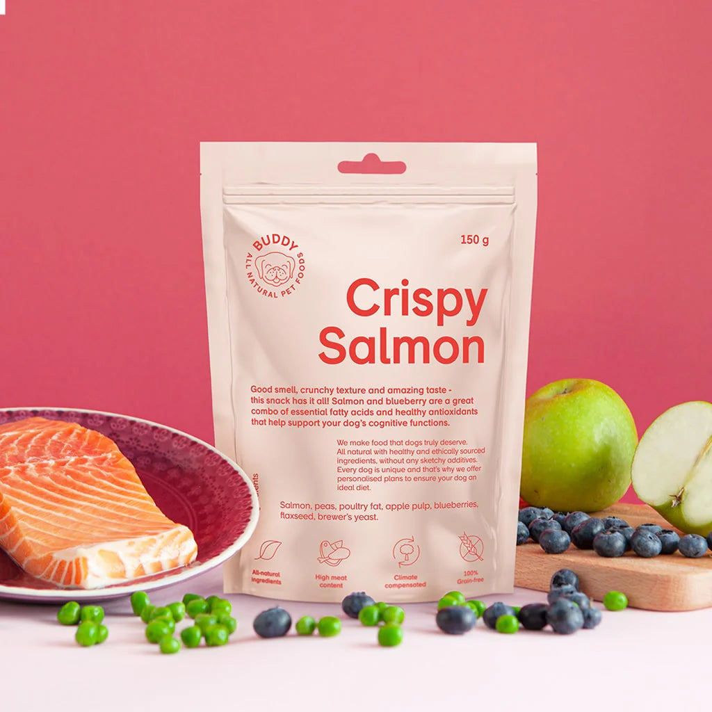Buddy Crunchy Snack Salmon & Blueberries 150 g – Natural, Grain-Free Dog Treats