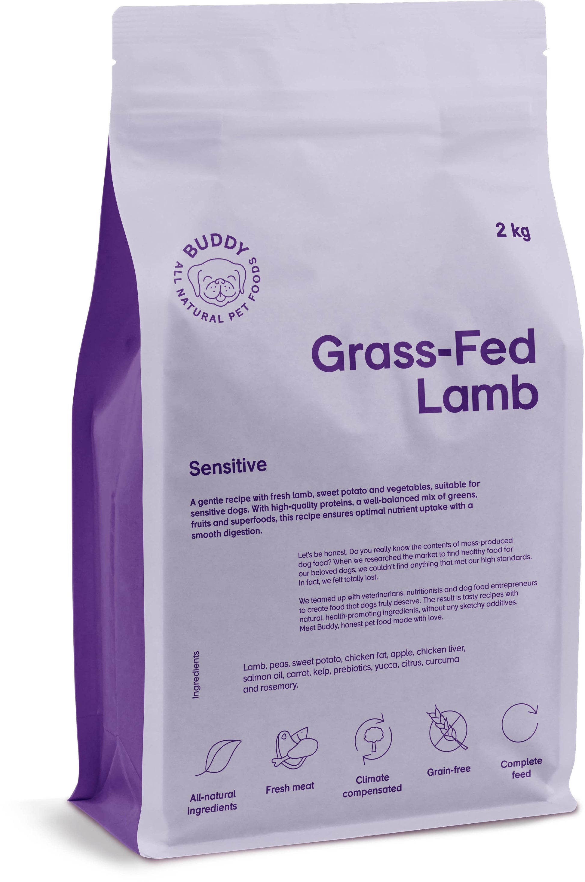 Buddy Natural Pet Foods grass-fed lamb pet food package on a white background