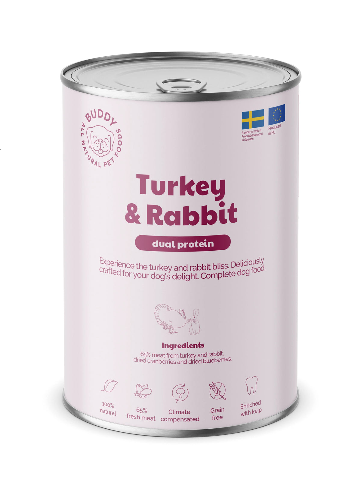 A can of Buddy Turkey & Rabbit dual protein wet dog food, featuring a light pink label with purple text and graphics on a white background.